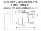 2РМДТ33КПЭ32Г5В1В чертеж кабельной розетки с прямым патрубком и гайкой для экранированного кабеля.